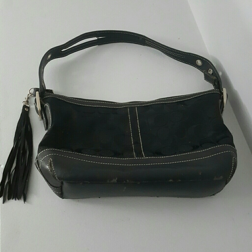 COACH Black Signature Canvas Handbag W/Leathe Trim